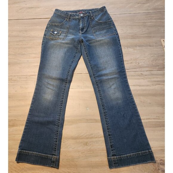Gitano Flared Jeans Boho Blue Denim Flap Button Pockets Unique Womens 10 EUC - Picture 4 of 12